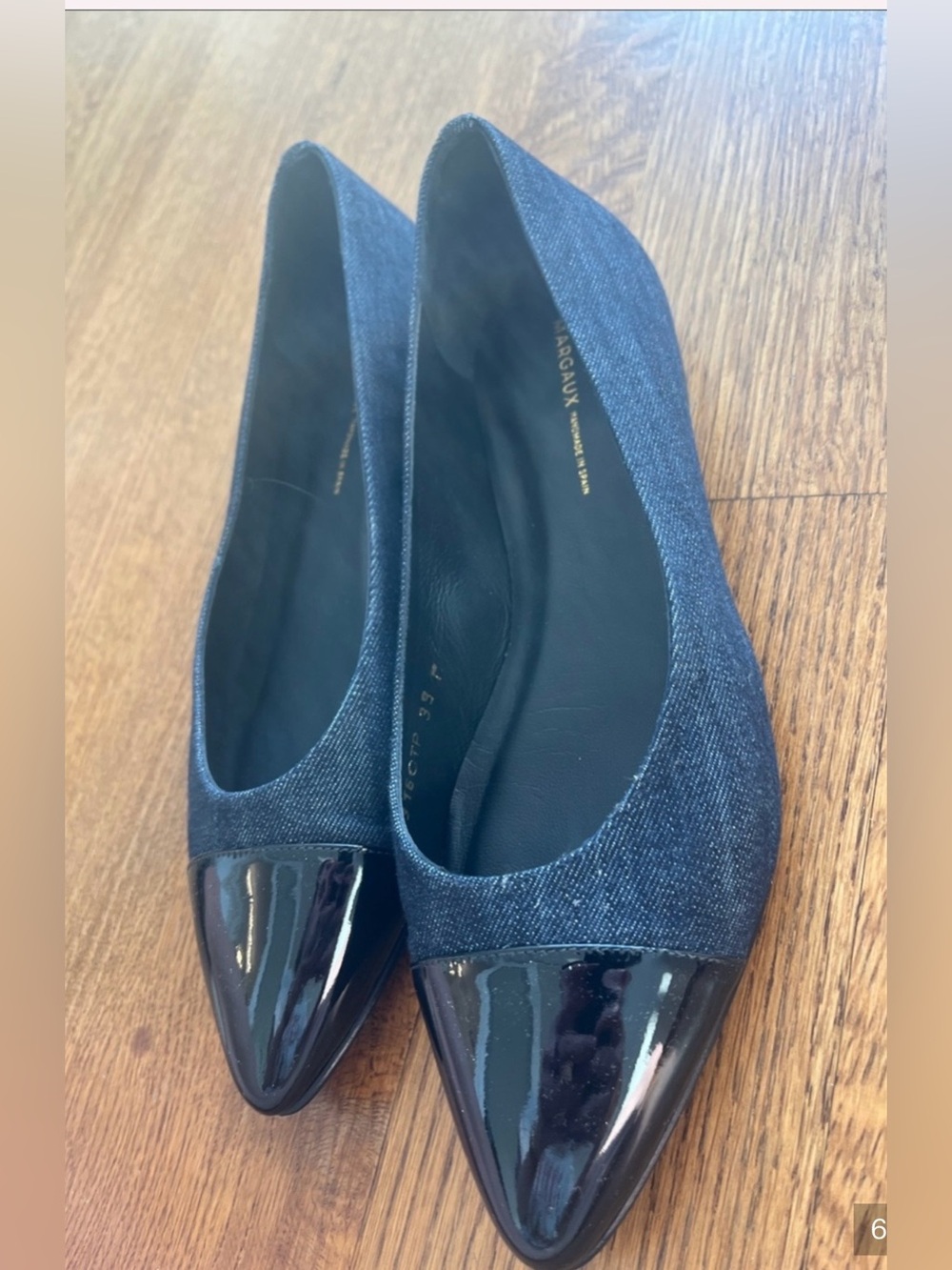 Margaux Denim Pointed Toe Flats with Black Patent Cap, Size 39 (9), EUC
